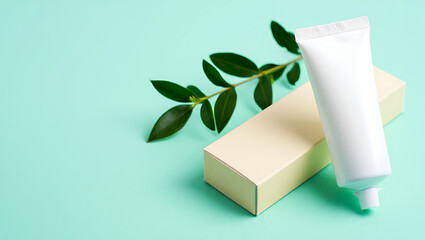 White Cream Tube Beige Box Green Leaves Mint Background