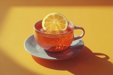 Delightful Cup of Tea With Fresh Lemon Slice Resting on Vibrant Yellow Surface Generative AI