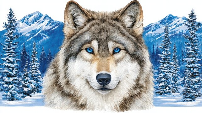 Watercolor illustration of a majestic northern Fenris wolf portrait against a snow covered landscape and mountains, high fidelity image.