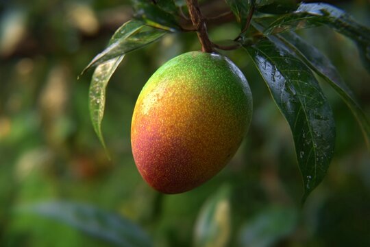 Colorful Mango Ripening on a Branch, Showcasing Nature's Beautiful Transformation Generative AI