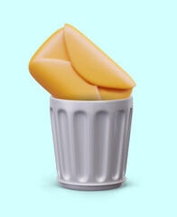 Yellow envelope in metal bin. Spam removal concept. Letter in trash. Cleaning mailbox. Destruction of virtual information. Vector composition on blue background