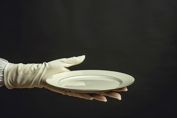 sharp picture of Elegant waiter hand in white glove holding an empty plate