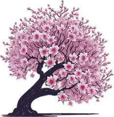 Fototapeta premium Blossoming Cherry Tree: Delicate pink cherry blossoms in full bloom adorn a graceful, stylized tree, inviting viewers to embrace the beauty of spring and tranquility.