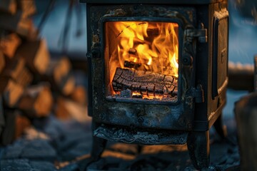 high detail image of Log burning stove for a cozy home, radiating warmth