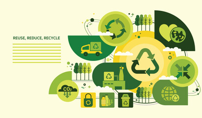 The Concept of Reduce, Reuse, Recycle in zero waste with Icons for sustainable environment management web banner. Garbage recycling to eco friendly. Green template Infographic flate vector design.