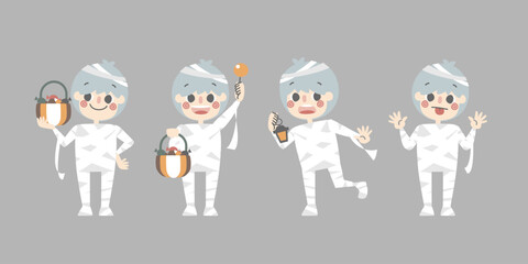 happy halloween holiday festival with boy wearing mummy costume holding pumpkin basket with candy set, flat vector illustration cartoon character design
