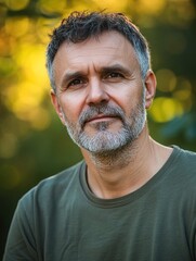 Fototapeta premium Portrait of a mature man with a salt and pepper beard and hair looking directly at the camera with a blurred natural background