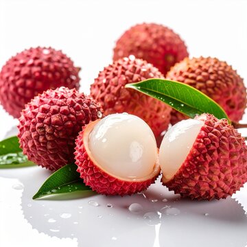 Litchis avec gouttes de rosée, isol&eacute;s sur fond blanc.  Generated image