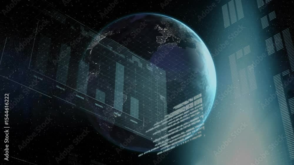 Aufkleber digital 3d globe rotating, beam rising beneath globe activating sliding hud panels visualizing data