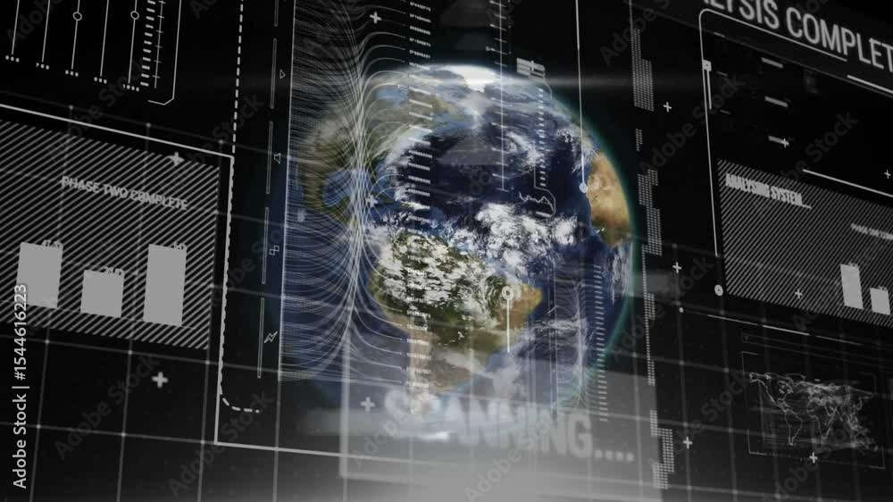 Poster dark grid initiating 3d earth emerging rotating while hud scanning visualizing analysis completion