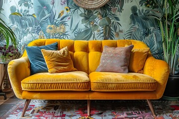 A retro-inspired mustard yellow sofa with rounded cushions and tapered wooden legs, set in a living room with vintage wallpaper and eclectic decor 