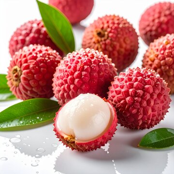 Litchis avec gouttes de rosée, isol&eacute;s sur fond blanc.  Generated image
