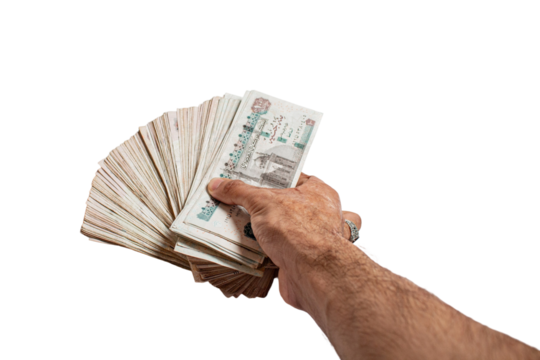 Older mans hand with a ring holding fanned out 100 Egyptian pounds