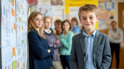 A realistic candid photograph of a young person confidently presenting a research project at a school fair, with proud parents and teachers in the background, emphasizing the culmination of Education