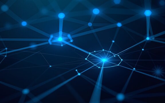 Dark blue polygonal network with bright triangular facets and glowing connection points forming sophisticated web of modern data exchange technology architecture illustration. High quality