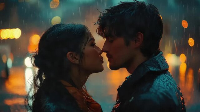 Romantic couple embraces in the rain under colorful city lights at night