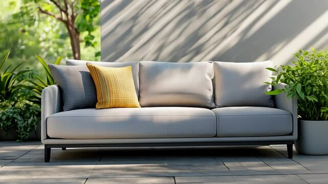 Modern sofa on patio with lush greenery and sunlight