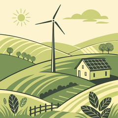 Rural spring landscape with fields, hills, wind turbine and barn or house with solar panels. Vector illustration of countryside. Green energy concept. Clean electric energy from renewable sources