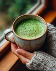 Woman's hands holding a cup of matcha latte on the window