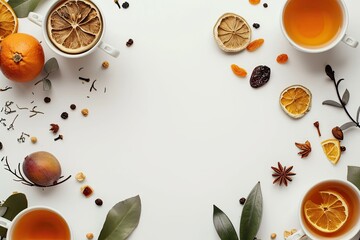An Overhead View of an Empty Tea Cups with Dried Fruits and Leaves on White Background