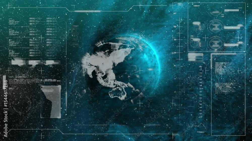 Poster glowing 3d globe appearing in space, scanning bar sweeping and hud panels updating to capture data