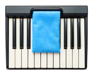 Top view of a small piano keyboard with a blue cloth on a transparent background