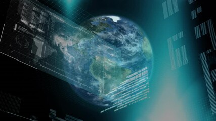 Beam emerging below forming holographic Earth globe, data panel scanning globe for interactive view - Powered by Adobe