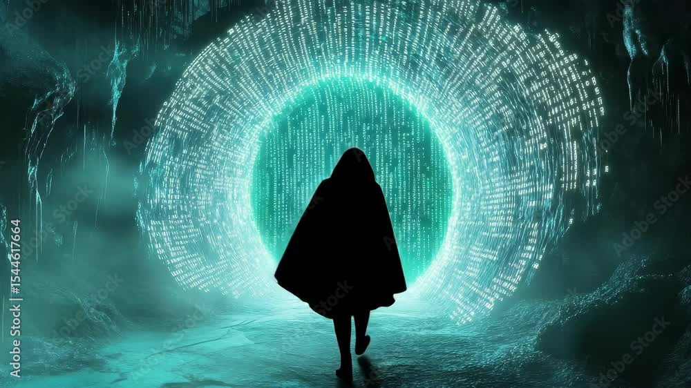 Aufkleber mysterious figure standing before a glowing portal in a cave setting at twilight