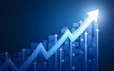 Abstract blue background with glowing arrows pointing upwards, representing growth and success in business or financial security. High quality