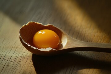 detailed visual  of eggshell with yolk in a wooden spoon