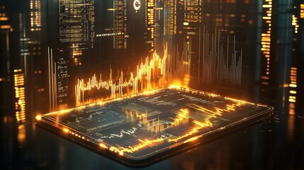 Holographic Display of Stock Market Charts Illuminated by Golden Light, Showcasing Depth and Intricacy of Modern Financial Technology Against Night Cityscape