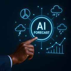 Black Male Hand + AI Forecast Interface  A bold hand interacts with a radial interface labeled “AI FORECAST,” featuring predictive models, cloud icons, and glowing weather-tech symbols.