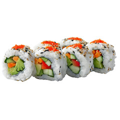 Six pieces of vegetable sushi rolls with rice, cucumber, avocado, red bell pepper, and orange fish roe on top.