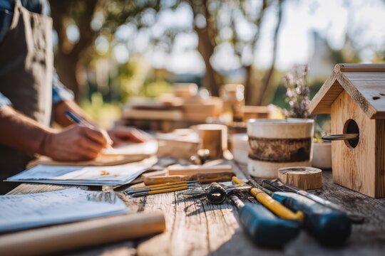person from behind working on wooden birdhouse