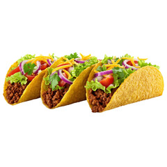 Three hard shell tacos filled with seasoned ground beef, lettuce, tomato, shredded cheese, and sliced red onions.
