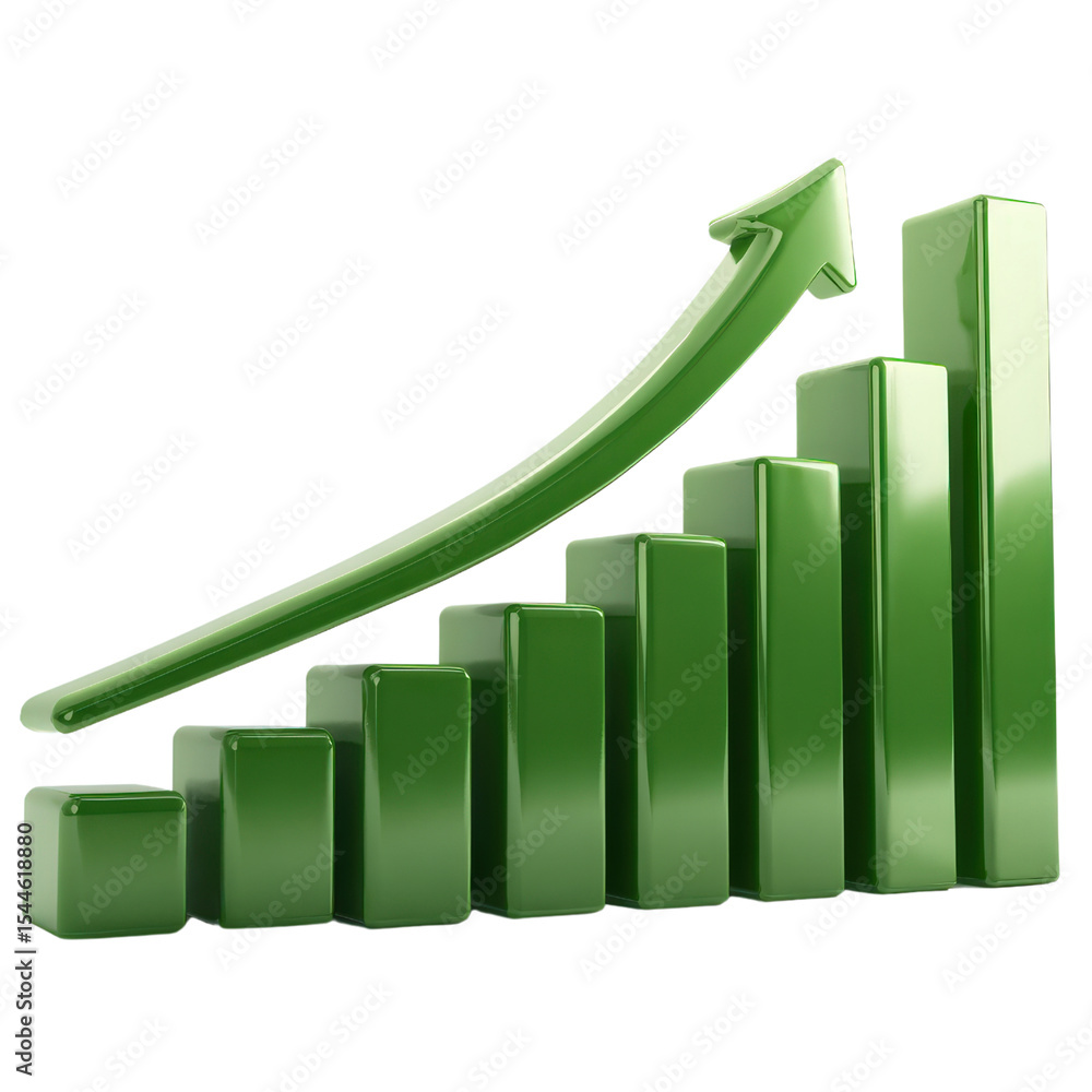 Poster a glossy green 3d bar chart with ascending columns and a curved upward arrow indicating growth or pr