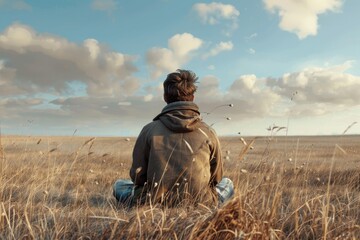 Ultra Quality Picture of Rear View of Man Sitting on Field