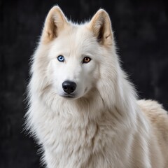 Obraz premium A stunning wolf head portrait showcases a striking contrast with half white fur and blue eyes, and half black fur in high fidelity.