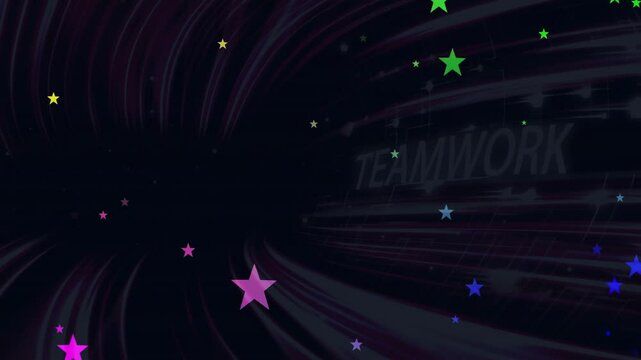 Small bright stars drifting inward along tunnel initiating bars falling revealing teamwork logo