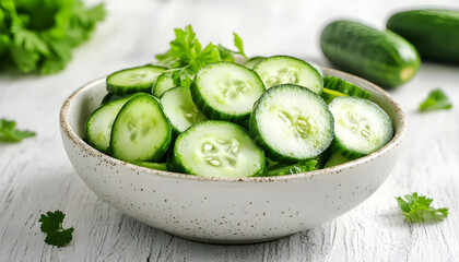 bowl with pieces of fresh cucumber on light wooden background