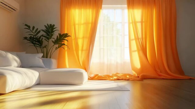 A bright living room features a white sofa and a cozy lounge chair, bathed in warm sunlight filtering through vibrant orange curtains