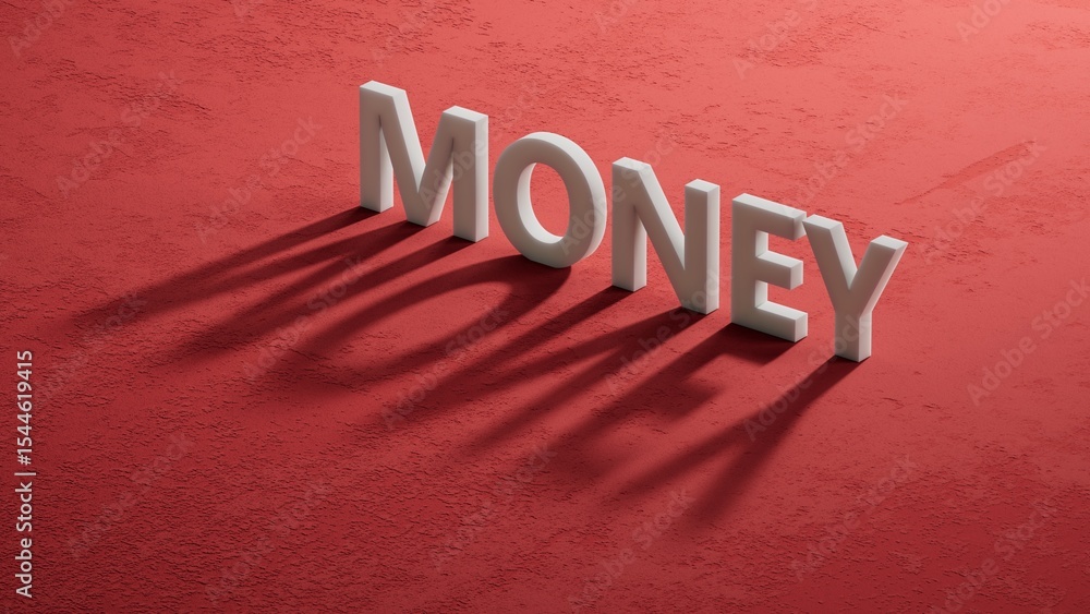 Poster money.shadow of 3d charcaters spelling.flat lay view from above on red background with shadow of 3d 