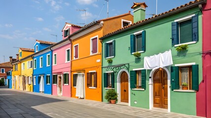 Fototapeta premium Colorful Burano houses, Italy: a sunny street scene with vibrant facades and laundry hanging