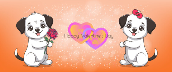 Vector cute cartoon kind gentle little sitting puppies with red rose and bow. Poster of love and tender feelings. Toon doggies. St. Valentines Day. Holiday lovely dog. Festive gift. Hearts