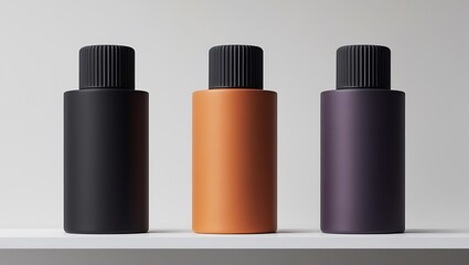 Three cylindrical bottles with black caps on white shelf
