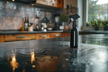Sanitizing Kitchen Table Surface with Disinfectant Spray Bottle and Gloves Covid19 Prevention