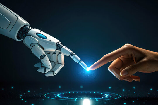 Human and Robot Touch in Futuristic Technology - Powered by Adobe