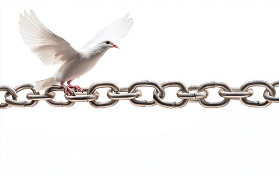 A broken metal chain with a soaring dove representing liberation Isolated on white Background