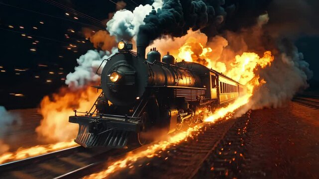 A large locomotive moves along the tracks as flames erupt in a dramatic display against a darkening sky during twilight
