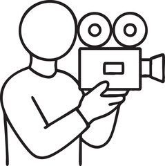 Line Art Illustration of a Person Holding an Old Fashioned Movie Camera Ready to Film a Scene
